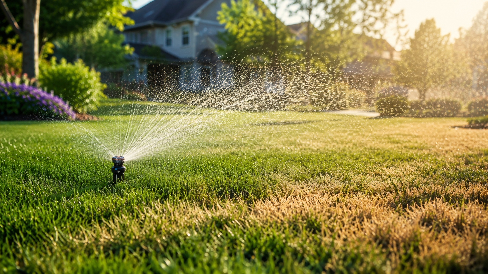 Sprinkler watering Minnesota turf during a summer dry spell