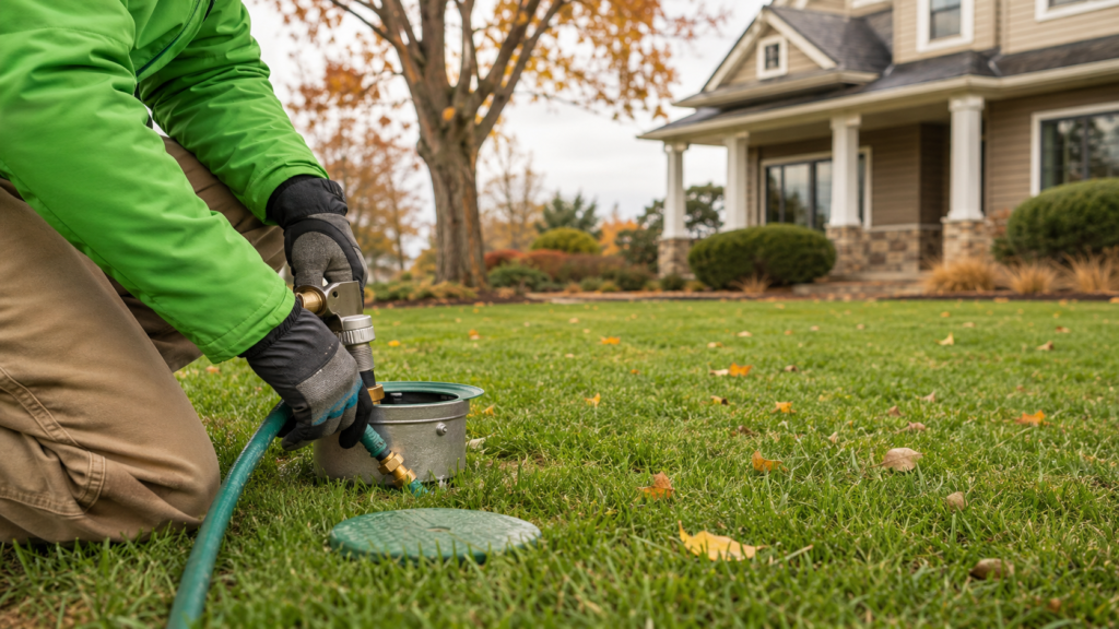 Irrigation technician winterizing a sprinkler system at a Minnesota home in fall
