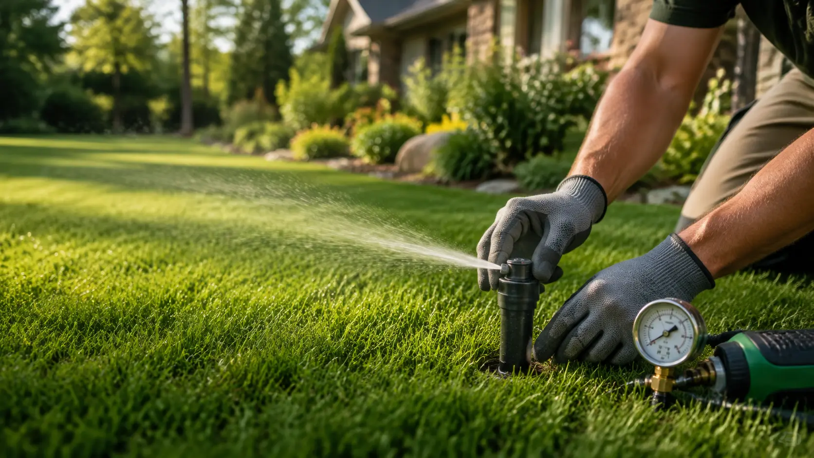 Irrigation technician adjusting a sprinkler head and checking pressure during a summer tune-up