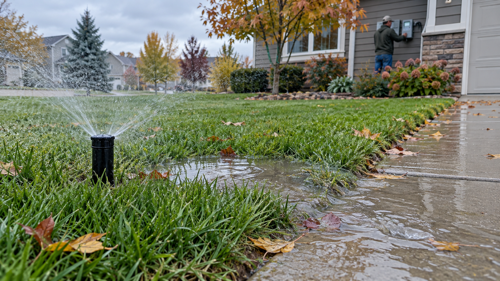 Sprinkler watering a wet Minnesota lawn with visible runoff during an irrigation inspection